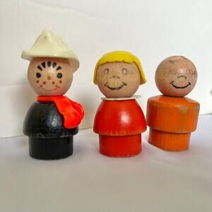 1970s Fisher Price Little People All Wood Fireman Red Girl Orange Boy Vtg Wooden